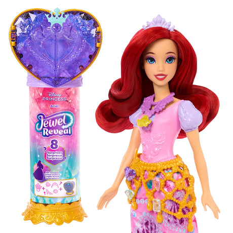 Poupée Jewel Reveal Ariel, Accessoires avec 8 surprises, 1 boîte a bijoux en forme de coeur, 1 bague pour enfant et 9 éléments, JHL49