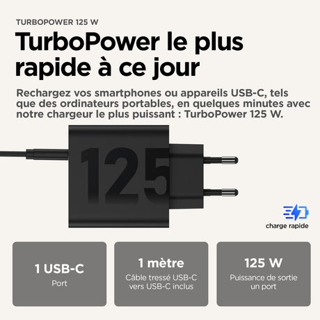 Chargeur - MOTOROLA - Moto charger - 125 W - Charge rapide - USB-C vers USB-C - Câble 1 m - Noir