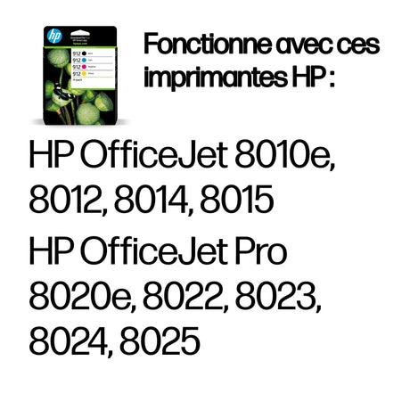 HP 912 Pack de 4 cartouches d'encre noire, cyan, jaune et magenta authentiques (6ZC74AE) pour OfficeJet 8010/Pro 8020 series