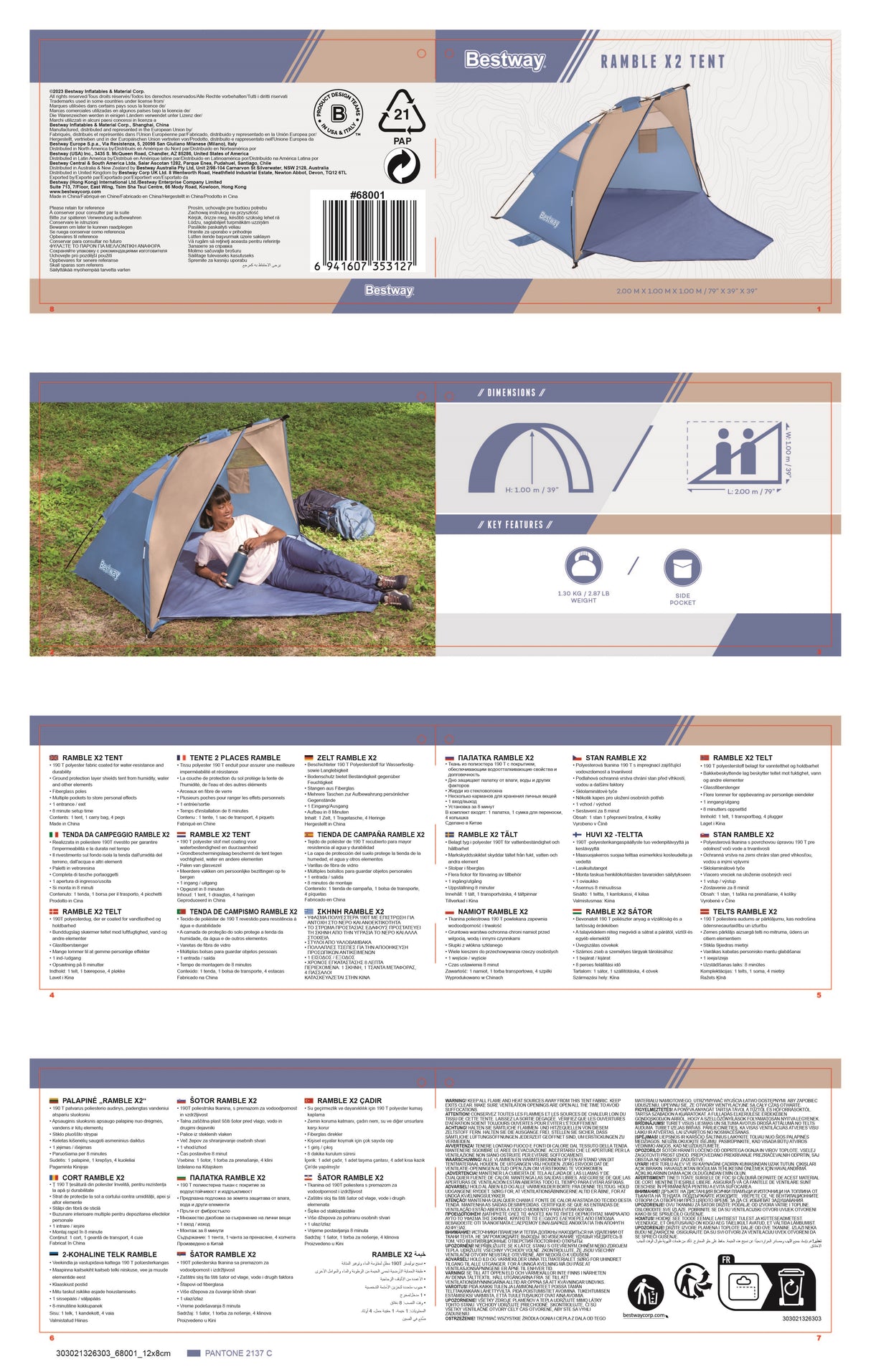 Tente de plage - BESTWAY - 68001 - Ramble X2 - 2 personnes - Installation rapide - Tissu polyester