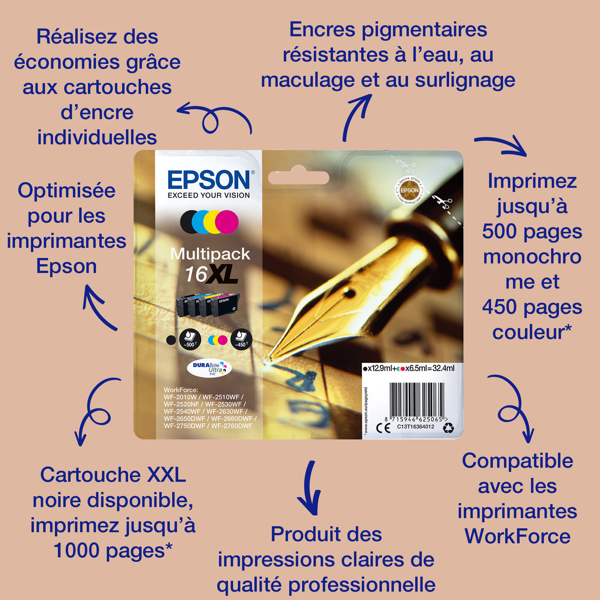 EPSON Cartouche d'encre T1632 XL Cyan - Stylo Plume (C13T16324012)