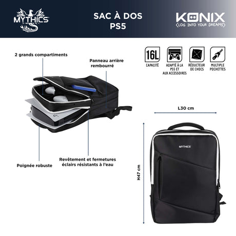Sac a dos de transport - KONIX Mythics - Titan - Console et accessoires PS5 - Volume 16 L - Noir et blanc