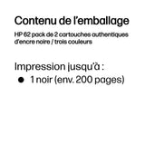 Pack 2 Cartouches d'encre HP 62 (Noir, 3 couleurs)