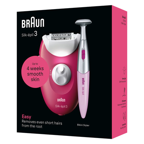 Épilateur électrique filaire - BRAUN - Silk-épil 3 - Une peau douce pendant des semaines - 3-202 - Framboise