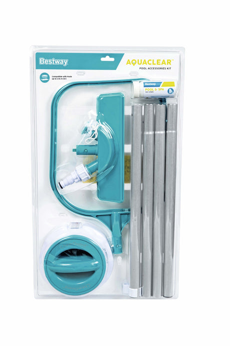 Kit de nettoyage piscine jusqu'a 3,96m - Bestway - Aquaclear - épuisette, flotteur, aspirateur, bande de test, patch de réparation