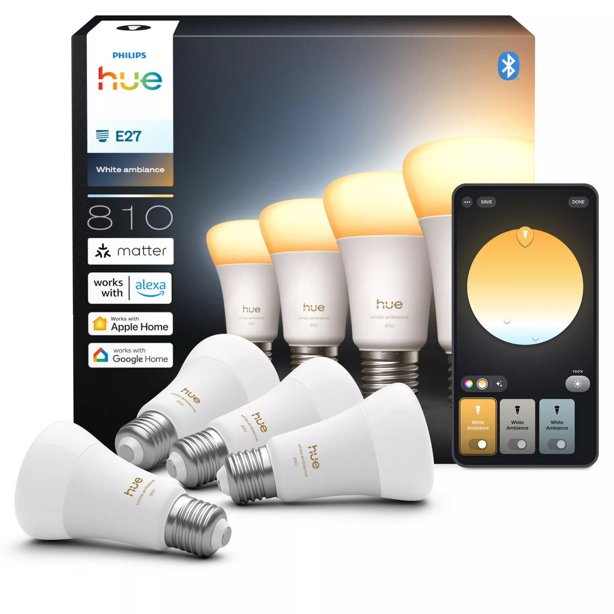 Pack de 4 ampoules LED connectées A60 - PHILIPS HUE - Lumiere blanche chaude - Culot E27 - 6W - 1000-2000k - 810 lumens