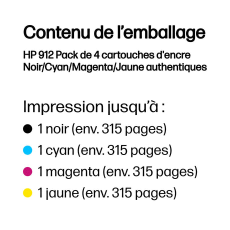 HP 912 Pack de 4 cartouches d'encre noire, cyan, jaune et magenta authentiques (6ZC74AE) pour OfficeJet 8010/Pro 8020 series